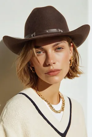 Brown Wool Western Fedora Cowboy Hat with Studded Belt thumbnail 1