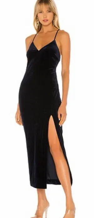 Bardot Navy Blue Velvet Midi Dress, Open Back Evening Dress with High Slit XS thumbnail 1