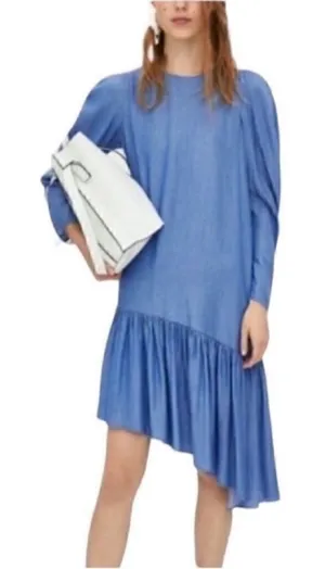 Zara Asymmetrical Ruffle Puff Sleeve Denim Dress (Size XS) thumbnail 1