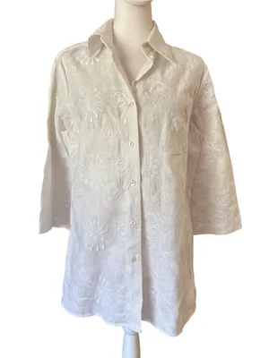 Peter Martin White Linen Floral Embroidered Button Up Shirt Womens Size Medium thumbnail 4