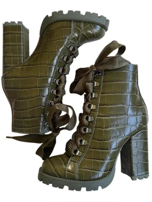 EUC SCHUTZ Leather Croc Embossed Heeled Boots Green Size 7.5 thumbnail 1
