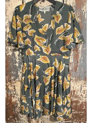 Pink Martini size Large Garden of Love dress Modcloth Green yellow Floral thumbnail 3