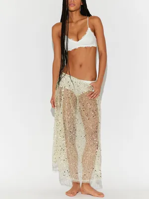 Free People Sequin-Embellished Shine On Midi Slip Skirt in Pale Gold thumbnail 3