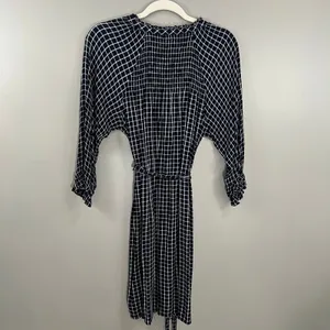 Maeve Anthropologie Dress Womens Small Navy Blue Great Plaid Smocked Tie Waist thumbnail 6