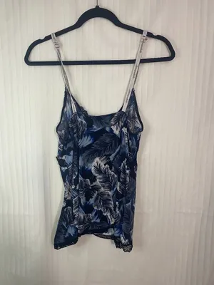 Aerie Blue Feather Print Lace Trim Satin Cami Tank Top Women’s Size XXL Sleepwea thumbnail 3