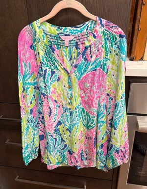 Lilly Pulitzer Elsa silk blouse in the "Let's Cha Cha" medium thumbnail 1