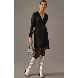 Anthropologie Lace Trimmed Wrap Dress Viscose Satin Long Sleeve Black XS NWT thumbnail 4
