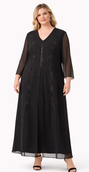 1990s Night Studio black beaded chiffon gown with sheer overlay & sleeves 16 thumbnail 1