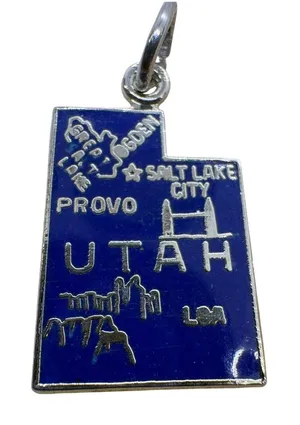 Vintage Sterling Silver Utah State Map Enamel Charm Blue Souvenir Pendant 1.77g thumbnail 1