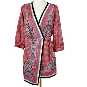 Zara Kimono Wrap Dress MEDIUM Tie Pink Black Paisley Silky 3/4 Sleeve thumbnail 3