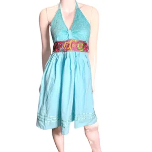 Vintage Halter Dress Blue Boho Floral Embroidered Waist Lace Bodice Sun Dress 6 thumbnail 5