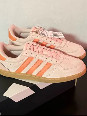 adidas Pink Suede Sneakers with Orange Stripes and Gum Sole thumbnail 1