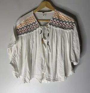Free People White Embroidered Boho Peasant‎ Tunic Top Tassel small thumbnail 1