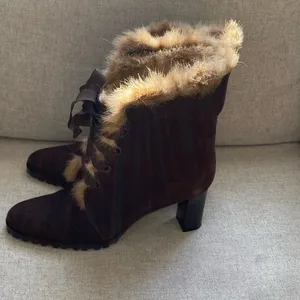 LOFT Chocolate Fur-Trimmed Heeled cozy Boots suede 7 thumbnail 8