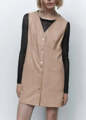 Zara FAUX LEATHER MINI PINAFORE DRESS in Beige thumbnail 1