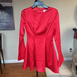 House of CB Sacha Red Satin Mini Dress‎ Long Flare Sleeve Bodycon Womens S thumbnail 6