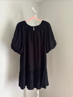 LOFT Smocked Pleated Flounce Dress Black Short Puff Sleeve Babydoll Dress Sz XL thumbnail 5