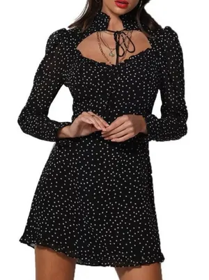 NEW Women's Heart Neck Long Sleeve Polka Dot Cocktail Mini Dress Sz Small thumbnail 1