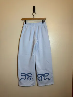 Edikted Bonney Bow Wide Leg Sweatpants in light‎ blue. thumbnail 3