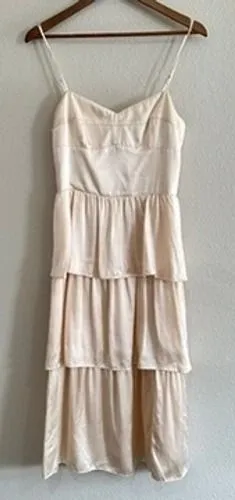 Amanda Uprichard Silk Pink Champagne Satin Tiered Midi Dress Romantic Delicate thumbnail 1