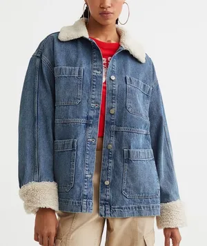 H&M Divided Borg Collared Denim Chore Jacket Small Oversized Trucker 100% Cotton thumbnail 1