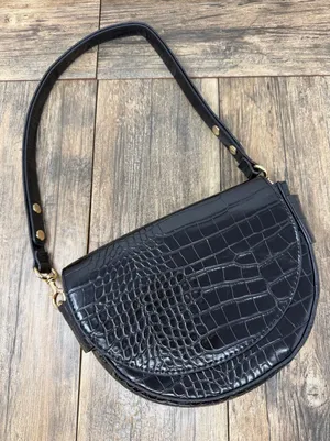 MNG Mango Black Crocodile Embossed Half Moon Shoulder Bag Gold Hardware thumbnail 1