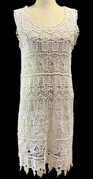 Asha OSFM Cream Crochet Lace Sleeveless Dress Cotton‎ Boho Beach Coverup thumbnail 1