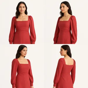 NEW Abercrombie & Fitch Red Pink Puff Sleeve Long Sleeve Midi Dress Women Size M thumbnail 2