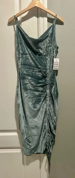 Joyfolie Velvet Cowl Ruched Midi Dress - Sage Green thumbnail 1