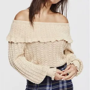 Crazy In Love Beige Linen Blend Off-The Shoulder Ruffle Sweater M thumbnail 13