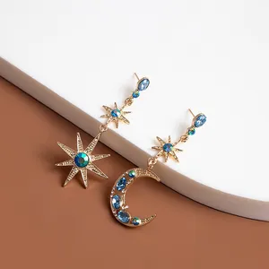 Asymmetrical Blue Crystal Star Moon Dangle Drop Earrings for Women thumbnail 3