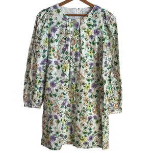 NWT Loft Floral Linen Blend Puff Sleeve Shift Mini Dress 12 Boho Western Chic thumbnail 2