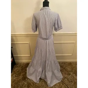 Gingy Tiered Cotton Blue White Striped Seersucker Maxi Shirt Dress Button Front thumbnail 4