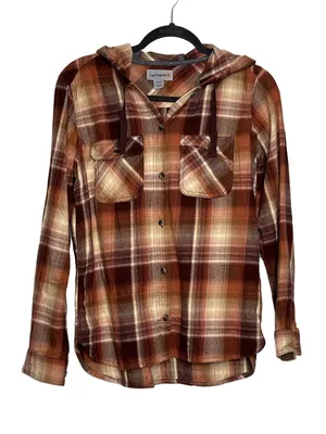 Carhartt Hooded Flannel Plaid Shirt Women's Small Orange Brown Cotton thumbnail 1