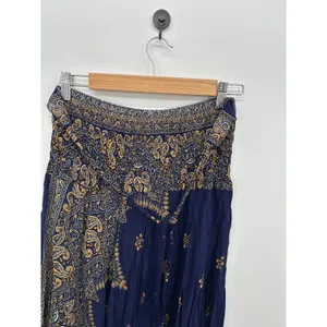 Boho Indie Sleeze Navy Blue Paisley Smocked Waist Handkerchief Hem Skirt L/XL thumbnail 7