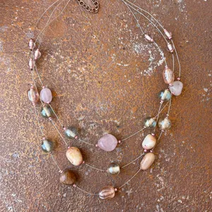 Beautiful wire stone beaded layered pastel color necklace thumbnail 3