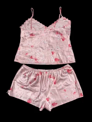 Enchanting Early 2000’s Y2K Pink Floral Roses Lace Satin Pajama Set Size M thumbnail 2