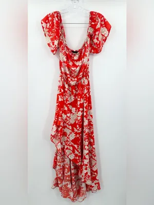 Vici Azalea Floral Off‎ Shoulder Hi-Low Dress Size Medium Red/Orange thumbnail 2