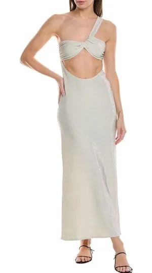 NWT WeWoreWhat Ruched Asymmetrical Knit Maxi Dress Off White Metallic Size Large thumbnail 1