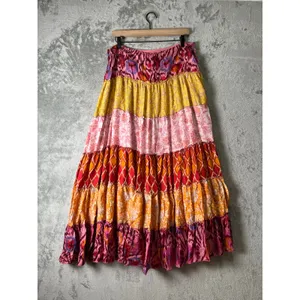 Hale Bob Silk Tiered Maxi Skirt Size Large Boho Floral Patchwork Festival thumbnail 3