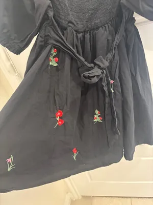 Cottagecore Black Embroidered Floral Puff Sleeve Babydoll Mini Dress L thumbnail 4