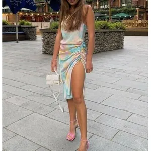 Zara Tie Dye Slip Midi Dress Tie Neck Multicolor Midi Dress Extra Small XS thumbnail 7