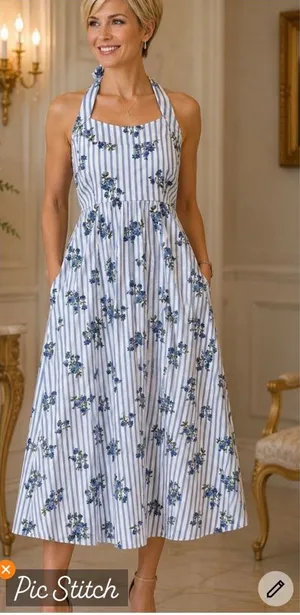 Laura Ashley Striped Floral Halter Midi/Maxi Dress thumbnail 1