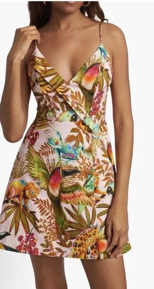 Farm Rio Into the Jungle Mini Dress Tropical Print, XS Linen $190 NWT thumbnail 1
