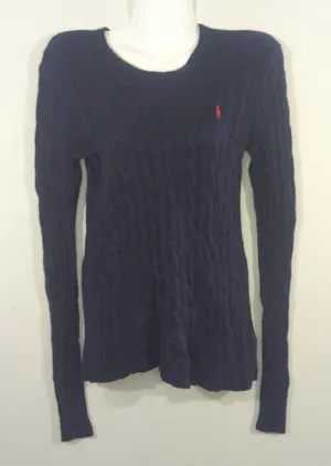 Polo Ralph‎ Lauren Navy Blue Cable Knit Wool Cashmere Sweater Womens Small Cozy thumbnail 1