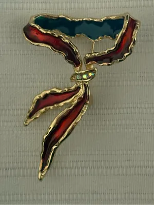 Gold Tone Red and Blue Ribbon Brooch with Rhinestones thumbnail 1