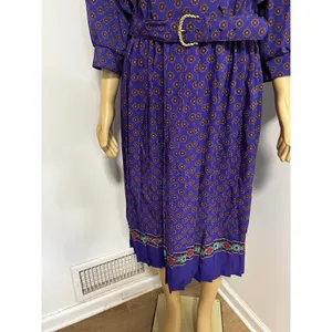 Breli Originals Vintage 80s Purple Geometric Medallion Belted Midi Dress USA thumbnail 3