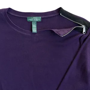 Ralph Lauren Ribbed Long Sleeve Shirt Purple‎ Shoulder Zip Faux Leather Elbow Patches thumbnail 5