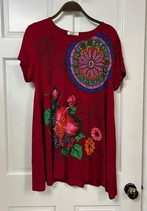 Women's Maroon Floral Mandala Short Sleeve Tunic Top thumbnail 1