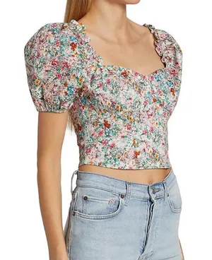 ASTR the Label Floral Puff-Sleeve Cropped Top Size Small thumbnail 1